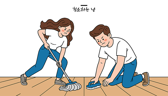 손 여자 남자 일러스트 바닥 주택 함께함 실내 일상 작업 청소도구 청소 집중 오브젝트 대걸레 국내일러스트 AI파일 컨셉 사람 내부 건물 라이프 신체부위 도구 파일형식 벡터 건축물 생활 건축