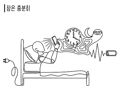 시계 라인일러스트 일러스트 조명 피곤 사람 생활 핸드폰 침대 잠 수면 저녁 건전지 일과 부족 보충 불면증 국내일러스트 AI파일 가구 컨셉 전자제품 질병 밤 야간 파일형식 벡터 자연요소 생활용품 의학 오브젝트