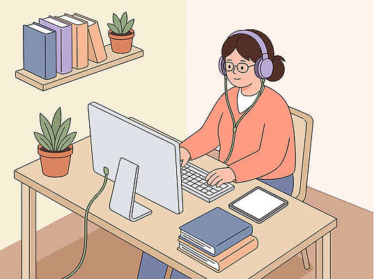 여자 화분 일러스트 책 학습 컴퓨터 사무실 헤드폰 키보드 작업 도서관 서재 집중 책상 국내일러스트 AI파일 교육 음향기기 가구 컨셉 비즈니스 사람 전자제품 파일형식 벡터 생활용품 오브젝트