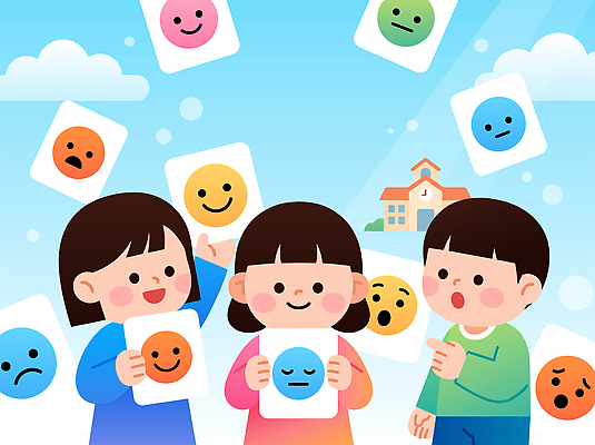 행복 감정 어린이 일러스트 학교 놀이 표정 이야기 웃음 친구 학습 슬픔 즐거움 그림 소통 놀기 국내일러스트 AI파일 교육 컨셉 관계 모션 사람 파일형식 벡터