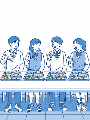 학생 여학생 여자 남자 교복 남학생 일러스트 학교 밥 반찬 함께함 대화 여러명 일상 친구 식사 샐러드 즐거움 점심 식판 급식 급식소 국내일러스트 AI파일 옷 교육 감정 음식 다수 컨셉 관계 말하기 사람 라이프 파일형식 벡터 모션 생활