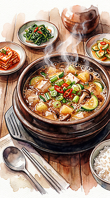 JPG 전통 한식 채소 일러스트 고추 식탁 반찬 김치 수채화 한국 전통음식 된장찌개 국내일러스트 AI일러스트 AI콘텐츠 아시아 음식 탁자 찌개 파일형식 나라 가구 생활용품 오브젝트