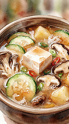 JPG 전통 한식 채소 일러스트 수채화 한국 버섯 전통음식 찌개 된장찌개 두부 건강식 국내일러스트 AI일러스트 AI콘텐츠 아시아 음식 파일형식 나라