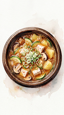 JPG 전통 한식 채소 일러스트 수채화 한국 전통음식 찌개 된장찌개 두부 파 나무그릇 국내일러스트 AI일러스트 AI콘텐츠 그릇 아시아 음식 목재 파일형식 나무 식기 나라 재료 식물