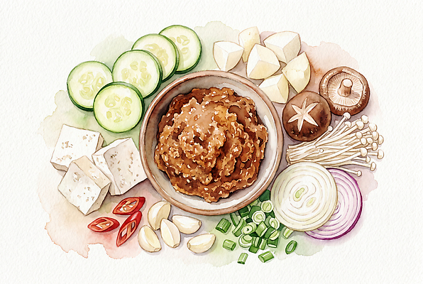 JPG 전통 한식 채소 일러스트 재료 양파 수채화 한국 건강 마늘 버섯 전통음식 신선 양념 맛 된장찌개 두부 파 국내일러스트 AI일러스트 AI콘텐츠 아시아 음식 컨셉 찌개 파일형식 나라