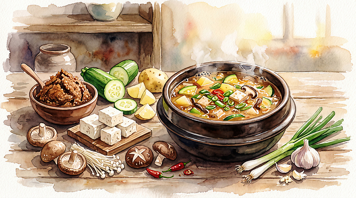 JPG 전통 한식 일러스트 재료 수채화 감자 한국 마늘 버섯 전통음식 양념 된장찌개 두부 청양고추 국내일러스트 AI일러스트 AI콘텐츠 아시아 음식 채소 고추 찌개 파일형식 나라
