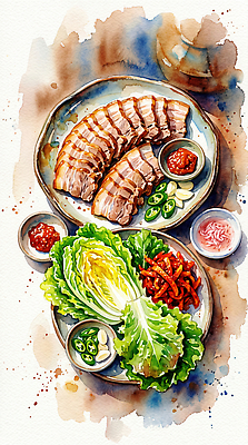 JPG 전통 접시 음식 채소 일러스트 양파 한국 육류 돼지고기 요리 식사 양념 상차림 배추 쌈 보쌈 고기요리 다진마늘 식사준비 청양고추 국내일러스트 AI일러스트 AI콘텐츠 식기 아시아 한식 식재료 고추 준비 파일형식 나라
