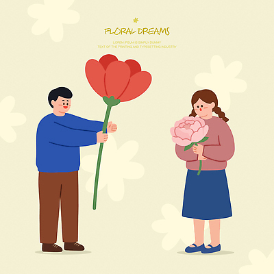 디자인 여자 남자 꽃 행복 일러스트 함께함 선물 사랑 웃음 들기 기쁨 주기 국내일러스트 AI파일 식물 감정 컨셉 모션 표정 사람 파일형식 벡터