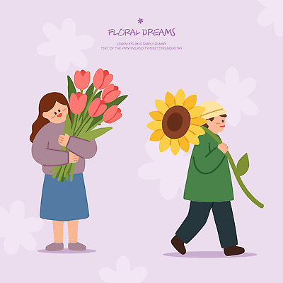 디자인 여자 남자 꽃 행복 꽃다발 일러스트 해바라기 웃음 사람 걷기 보라색 그림 국내일러스트 AI파일 식물 감정 컬러 모션 표정 파일형식 벡터