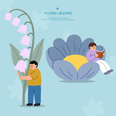 디자인 꽃 어린이 의자 일러스트 상상 놀이 앉기 책 읽기 그림 은방울꽃 국내일러스트 AI파일 식물 가구 모션 사람 파일형식 벡터 생활용품 오브젝트
