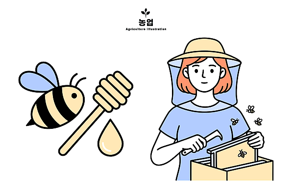 모자 여자 곤충 농업 일러스트 자연 농장 환경 수확 작업 제조 생태 벌 꿀 벌집 양봉 방역복 국내일러스트 AI파일 동물 잡화 옷 산업 사람 생태계 방역 파일형식 벡터