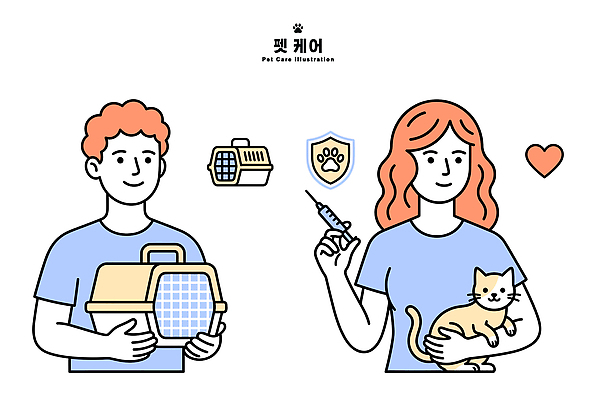 여자 남자 일러스트 의학 관리 주사기 사랑 안전 사람 일상 반려동물 상자 고양이 보호 계획 동물병원 예방접종 펫케어 국내일러스트 AI파일 동물 감정 컨셉 포유류 의료기기 병원 라이프 접종 파일형식 벡터 생활