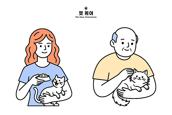 여자 남자 음식 일러스트 사랑 사람 반려동물 고양이 보호 포근함 먹이 돌봄 펫케어 국내일러스트 AI파일 동물 감정 컨셉 포유류 모션 관리 감각 파일형식 벡터
