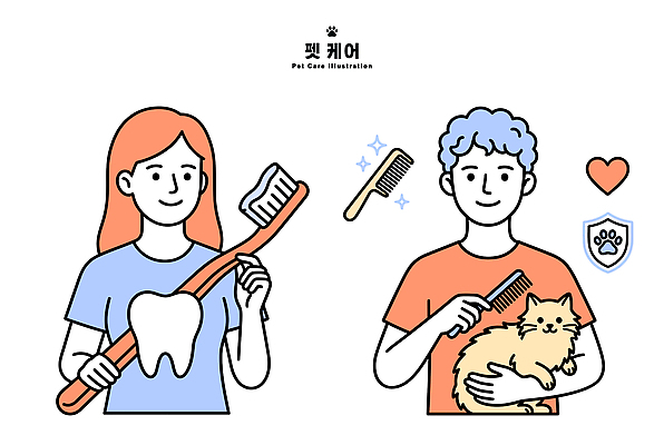 일러스트 털 건강 관리 사람 일상 반려동물 고양이 청결 치아 위생 칫솔 펫케어 국내일러스트 AI파일 동물 포유류 라이프 위생용품 소화기관 파일형식 벡터 생활용품 생활 장기 신체 오브젝트
