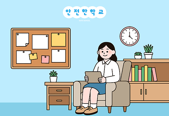 학생 여학생 시계 일러스트 교실 학교 앉기 일상 학습 태블릿 편안함 책상 오브젝트 플래너 국내일러스트 AI파일 여자 교육 가구 모션 라이프 전자제품 스마트기기 감각 파일형식 벡터 생활용품 사람 생활