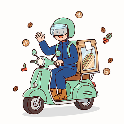 커피 음식 이동 일러스트 웃음 일상 스쿠터 오토바이 배달원 헬멧 배송 국내일러스트 AI파일 직업 음료 컨셉 표정 라이프 바이크 보호장비 파일형식 벡터 육상교통 생활 장비 교통수단 교통