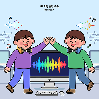 교육 음악 일러스트 수업 기술 대화 친구 학습 컴퓨터 헤드폰 소리 즐거움 그림 파동 소통 창작 프로그램 코딩 AI_인공지능 국내일러스트 AI파일 감정 음향기기 컨셉 관계 문화예술 말하기 순간포착 전자제품 컴퓨터교육 파일형식 벡터 모션 촬영기법