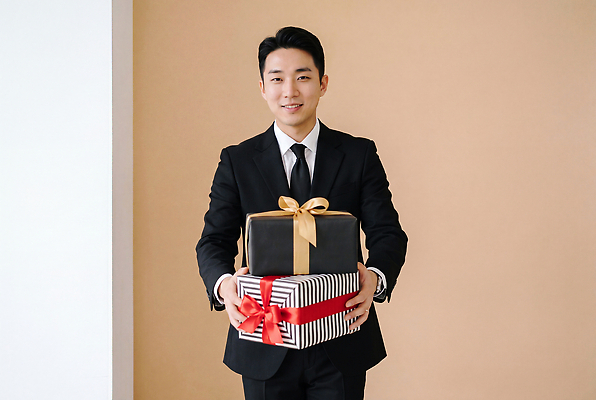 JPG 편집이미지 기념일 남자 행복 포장 넥타이 선물 미소 정장 이벤트 만남 축하 서비스 감사 의료성형뷰티 편집실사 AI인물포토 AI콘텐츠 잡화 옷 감정 컨셉 표정 사람 CG 파일형식 AI포토