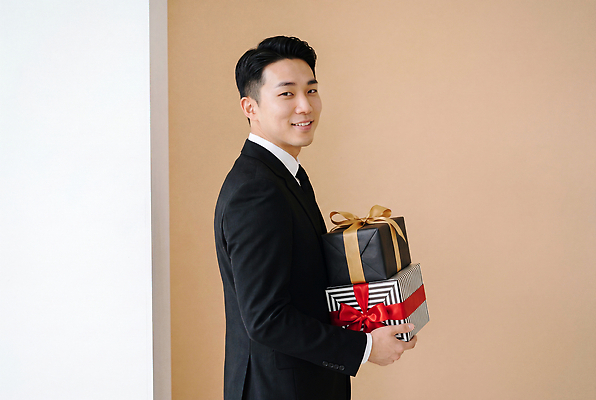 JPG 편집이미지 기념일 남자 감정 선물 미소 정장 이벤트 생활 상자 축하 서비스 감사 의료성형뷰티 편집실사 AI인물포토 AI콘텐츠 옷 컨셉 표정 사람 CG 파일형식 AI포토