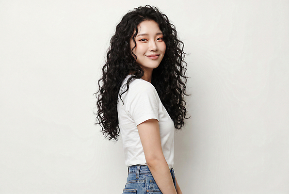 JPG 편집이미지 응시 여자 티셔츠 표정 사람 청바지 파마 위치 의료성형뷰티 스타일 편집실사 AI인물포토 AI콘텐츠 헤어스타일 시선 셔츠 바지 CG 파일형식 AI포토 상의 하의 옷