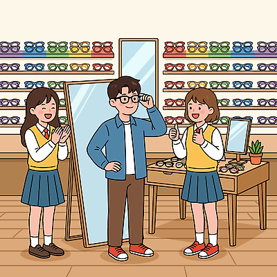 학생 여학생 안경 남학생 일러스트 표정 미소 친구 쇼핑 상점 거울 도움 선택 즐거움 착용 국내일러스트 AI파일 잡화 여자 남자 감정 컨셉 관계 파일형식 벡터 사람