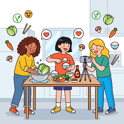 그릇 한식 음식 채소 일러스트 재료 식탁 함께함 대화 요리 친구 주방 촬영 식사 버섯 당근 소스 즐거움 배추 준비 비빔밥 레시피 국내일러스트 AI파일 식기 감정 컨셉 관계 탁자 뿌리채소 말하기 양념 파일형식 벡터 가구 모션 생활용품 오브젝트