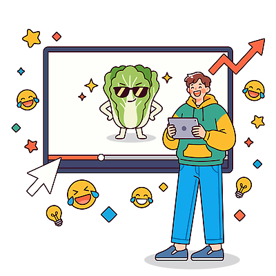 캐릭터 남자 한식 일러스트 웃음 태블릿 스크린 즐거움 배추 영상 상영 국내일러스트 AI파일 감정 음식 채소 표정 사람 전자제품 스마트기기 파일형식 벡터