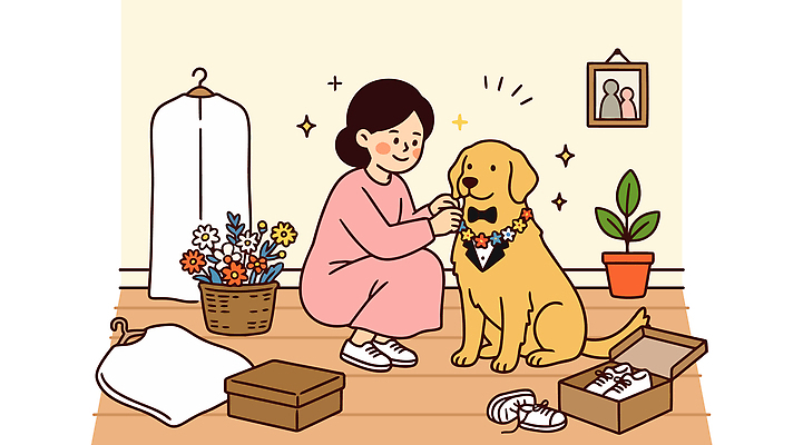 동물 여자 꽃 행복 반려견 신발 일러스트 목걸이 실내 따뜻함 사랑 장식 바구니 귀여움 개 옷걸이 준비 화동 국내일러스트 AI파일 식물 감정 결혼 컨셉 장신구 포유류 사람 내부 반려동물 파일형식 벡터 이벤트
