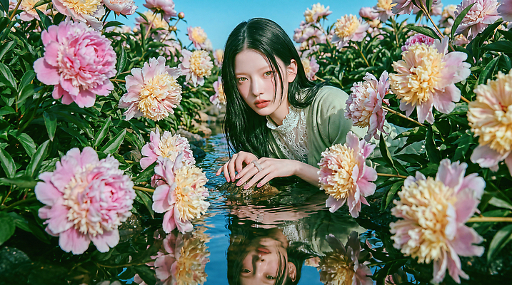 JPG 식물 편집이미지 여자 꽃 포즈 자연 풍경 물 관광지 반사 정원 봄 의료성형뷰티 편집실사 AI인물포토 AI콘텐츠 자연요소 계절 여행 사람 CG 생태계 파일형식 AI포토