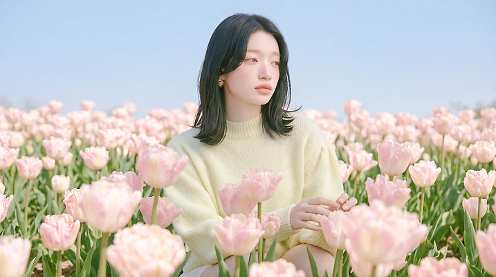 JPG 편집이미지 응시 여자 꽃 꽃밭 자연 하늘 앉기 일상 봄 튤립 의료성형뷰티 편집실사 AI인물포토 AI콘텐츠 식물 시선 계절 모션 사람 라이프 CG 생태계 파일형식 AI포토 생활