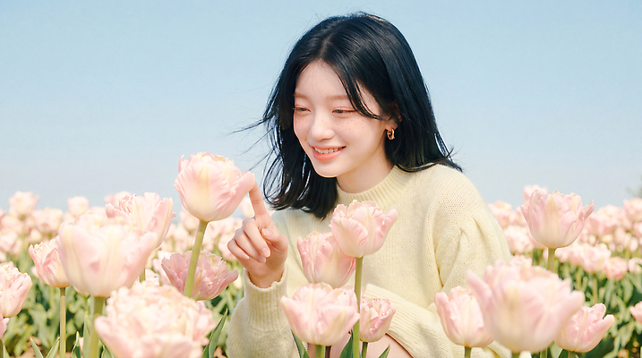JPG 편집이미지 여자 꽃 꽃밭 손가락 자연 햇빛 튤립 의료성형뷰티 편집실사 AI인물포토 AI콘텐츠 식물 손 사람 빛 CG 생태계 파일형식 AI포토 신체부위