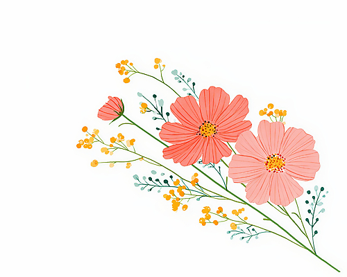 JPG 식물 디자인 꽃 줄기 분홍색 잎 일러스트 장식 노란색 봄 코스모스 국내일러스트 AI일러스트 AI콘텐츠 계절 컬러 파일형식