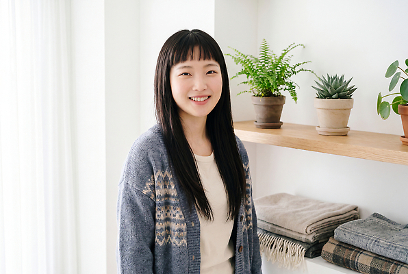 JPG 식물 편집이미지 여자 행복 선반 한명 미소 일상 생활 캐주얼 인테리어 공간 편안함 정리 의료성형뷰티 스타일 편집실사 AI인물포토 AI콘텐츠 1 디자인 옷 감정 가구 표정 사람 라이프 감각 CG 파일형식 AI포토 생활용품 오브젝트