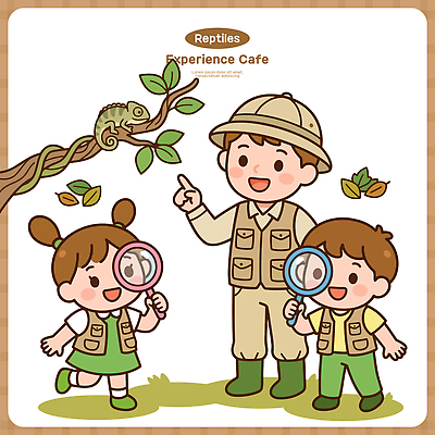 나무 동물 교육 잎 일러스트 파충류 자연 생물 친구 탐험 관찰 체험 즐거움 카멜레온 국내일러스트 AI파일 식물 감정 컨셉 관계 모션 생태계 파일형식 벡터