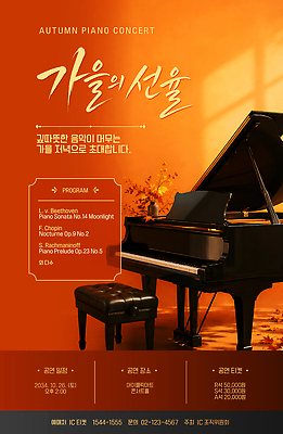 템플릿 포스터 악기 연주 콘서트 가을 피아노 음악회 프로그램 이미지템플릿 AI파일 계절 음악 공연 건반악기 파일형식 벡터 문화예술 이벤트 건반