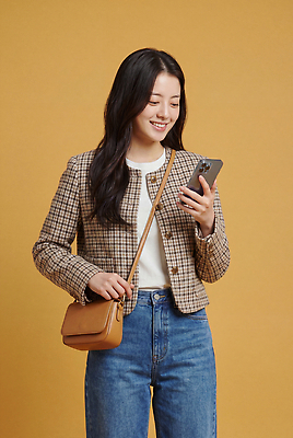 JPG 편집이미지 손 여자 패션 행복 가방 웃음 스마트폰 재킷 청바지 체크무늬 의료성형뷰티 스타일 편집실사 AI인물포토 AI콘텐츠 잡화 감정 무늬 바지 표정 사람 신체부위 핸드폰 스마트기기 외투 CG 파일형식 AI포토 상의 하의 전자제품 옷