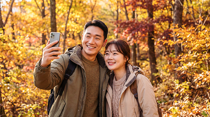 JPG 나무 편집이미지 커플 여자 남자 여행 자연 단풍나무 표정 웃음 풍경 스마트폰 등산 가을 숲 셀프카메라 의료성형뷰티 편집실사 AI인물포토 AI콘텐츠 식물 계절 단풍 관계 사람 핸드폰 스마트기기 사진촬영 트래킹 CG 생태계 파일형식 AI포토 잎 레저 전자제품 촬영