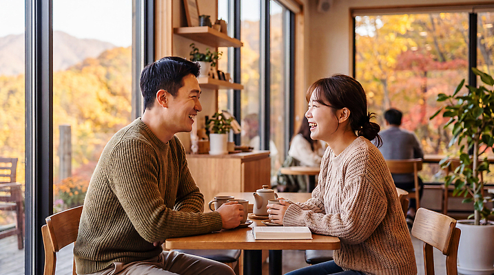 JPG 나무 편집이미지 커플 여자 남자 커피 음료 창문 단풍나무 대화 웃음 카페 만남 가을 의료성형뷰티 편집실사 AI인물포토 AI콘텐츠 식물 계절 컨셉 단풍 관계 표정 말하기 사람 상점 CG 파일형식 AI포토 잎 모션