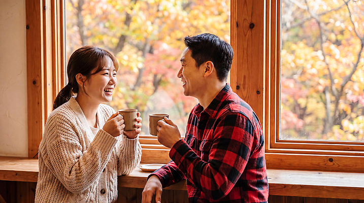 JPG 편집이미지 커플 여자 남자 행복 창 커피 단풍 단풍나무 웃음 카페 만남 가을 의료성형뷰티 편집실사 AI인물포토 AI콘텐츠 나무 계절 감정 음료 컨셉 잎 관계 표정 사람 상점 CG 파일형식 AI포토 식물