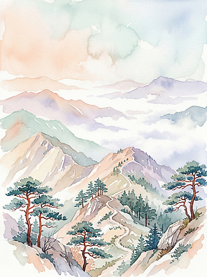 JPG 나무 길 예술 일러스트 자연 하늘 수채화 산 미술 풍경 그림 국내일러스트 AI일러스트 AI콘텐츠 식물 문화예술 생태계 파일형식