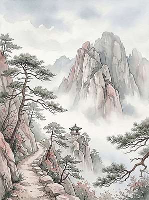 JPG 나무 길 일러스트 자연 하늘 수채화 산 한국 풍경 안개 바위 그림 정자 조경 국내일러스트 AI일러스트 AI콘텐츠 식물 아시아 날씨 생태계 파일형식 나라