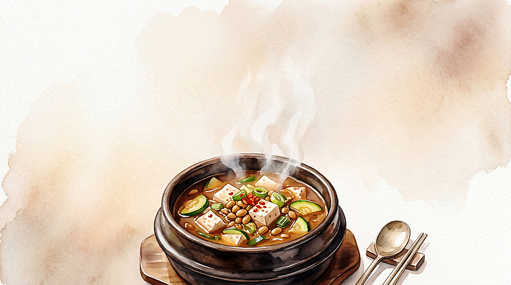 JPG 전통 한식 음식 채소 일러스트 수채화 한국 뜨거움 맛 두부 국물 돌솥 고소한맛 뚝배기청국장 청국장 국내일러스트 AI일러스트 AI콘텐츠 아시아 컨셉 찌개 파일형식 나라