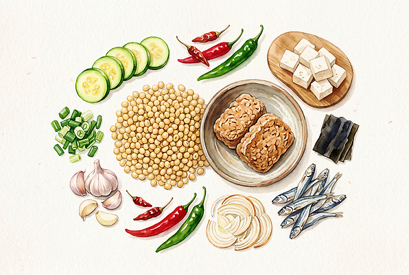 JPG 한식 일러스트 식재료 재료 양파 김치 수채화 콩 마늘 요리 전통음식 양념 맛 준비 두부 애호박 뚝배기청국장 멸치 청국장 청양고추 국내일러스트 AI일러스트 AI콘텐츠 전통 음식 컨셉 채소 고추 호박 곡류 어류 찌개 파일형식 수중동물 동물