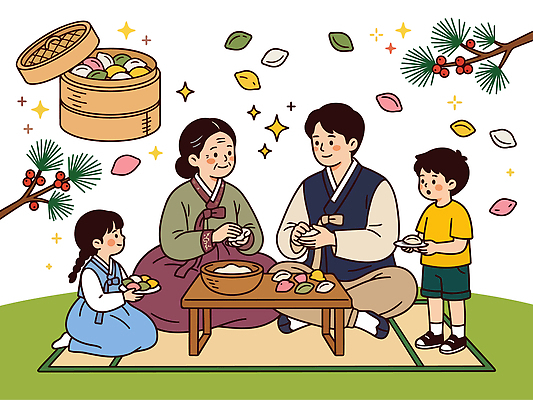 한국전통 전통 명절 기념일 아시아 가족 관계 모션 떡 전통의상 생태계 파일형식 벡터 송편 만들기 옷 엄마 아빠 자연 한국 문화 음식 AI파일 일러스트 국내일러스트 한복 추석