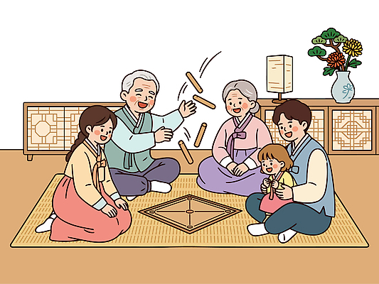 한국전통 여자 명절 노년 남자 감정 컨셉 관계 모션 표정 사람 전통놀이 전통의상 파일형식 벡터 윷놀이 가족 놀이 즐거움 할아버지 할머니 어린이 웃음 소통 전통 옷 놀기 AI파일 일러스트 국내일러스트 한복 추석