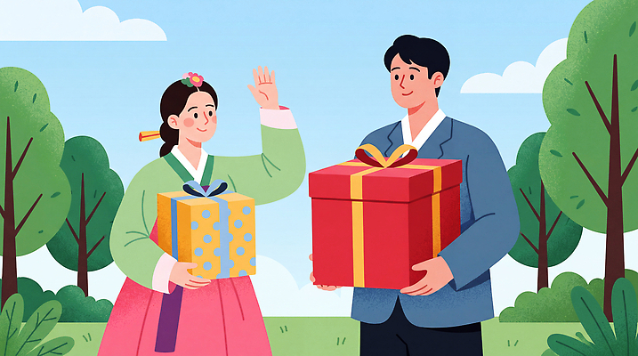 한국전통 공공시설 명절 사람 야외활동 전통의상 파일형식 AI콘텐츠 선물 한복 남자 여자 공원 상자 JPG 소풍 추석 일러스트 국내일러스트 AI일러스트