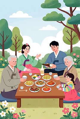 JPG 나무 전통 꽃 어린이 음식 일러스트 가족 자연 탁자 한국 대화 야외 소풍 추석 식사 모임 한복 즐거움 국내일러스트 AI일러스트 AI콘텐츠 식물 한국전통 명절 감정 아시아 가구 관계 말하기 사람 야외활동 전통의상 생태계 파일형식 기념일 나라 생활용품 모션 이벤트 오브젝트