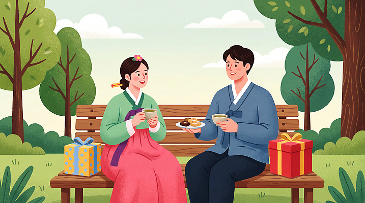 JPG 나무 공원 벤치 일러스트 휴식 이야기 대화 선물 상자 소풍 추석 만남 한복 즐거움 국내일러스트 AI일러스트 AI콘텐츠 식물 한국전통 공공시설 명절 감정 컨셉 의자 말하기 야외활동 전통의상 파일형식 전통 기념일 가구 모션 한국 시설 아시아 생활용품 이벤트 나라 오브젝트