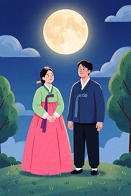 JPG 나무 전통 행복 문화 일러스트 자연 한국 사람 소풍 추석 달 밤 전통의상 한복 국내일러스트 AI일러스트 AI콘텐츠 자연요소 식물 한국전통 명절 감정 아시아 야외활동 생태계 파일형식 기념일 나라 이벤트