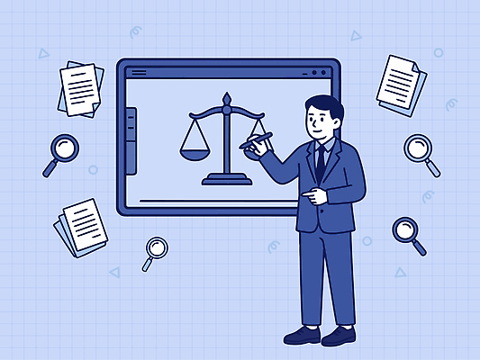 남자 일러스트 회사 비즈니스 설명 컴퓨터 사무실 스크린 정보 균형 프레젠테이션 문서 법 확대경 윤리 전문 국내일러스트 AI파일 모션 사람 전자제품 파일형식 벡터